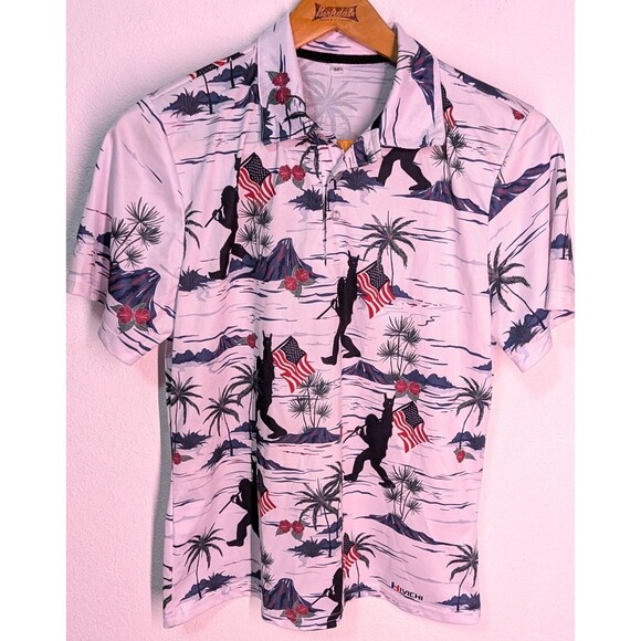 Hivichi Patriotic American Flag Big Foot Print Golf Shirt Men's Size Medium (936 - Picture 1 of 4